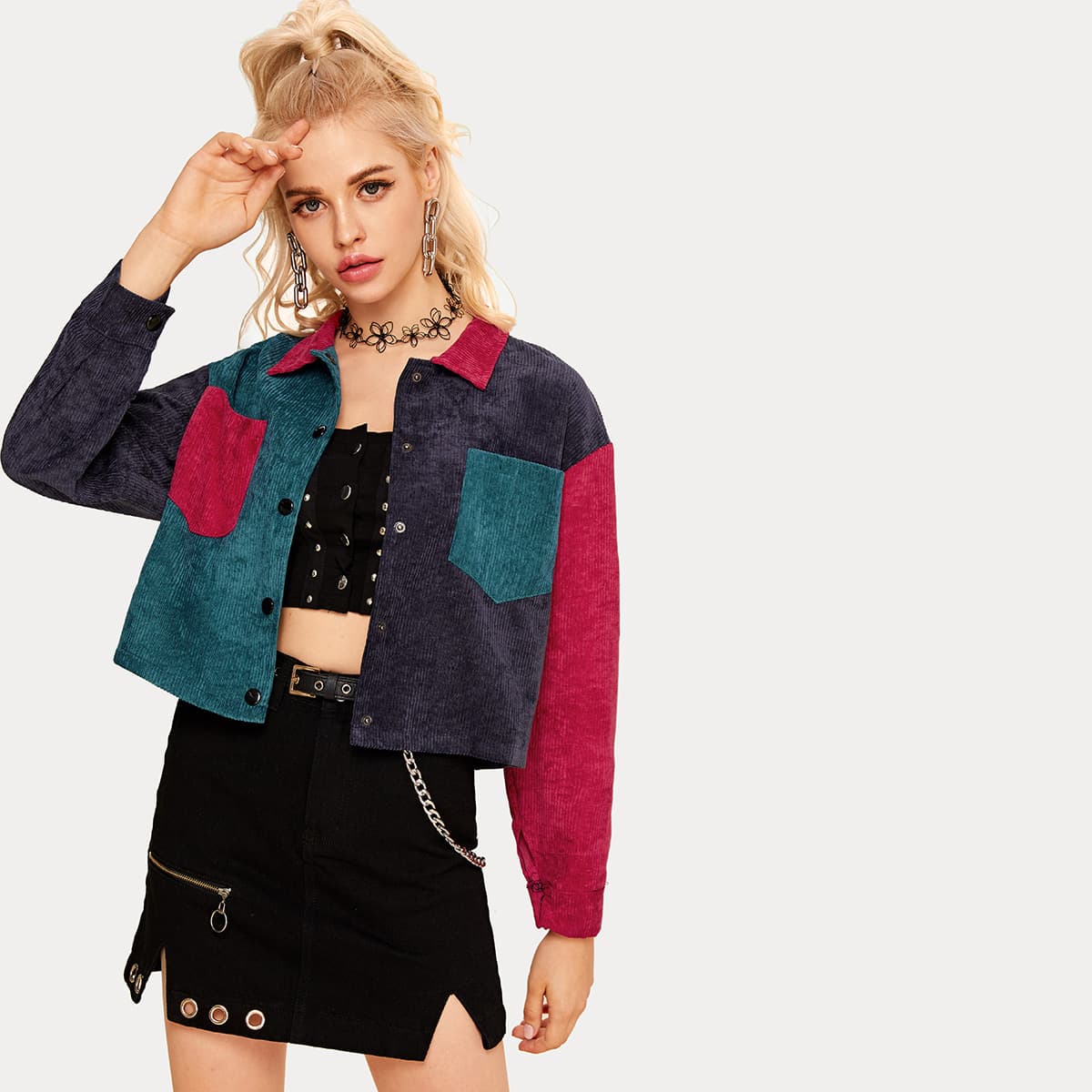 

Color-block Dual Pocket Corduroy Jacket, Multicolor