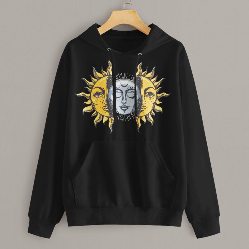 

Sun Graphic Kangaroo Pocket Black Hoodie