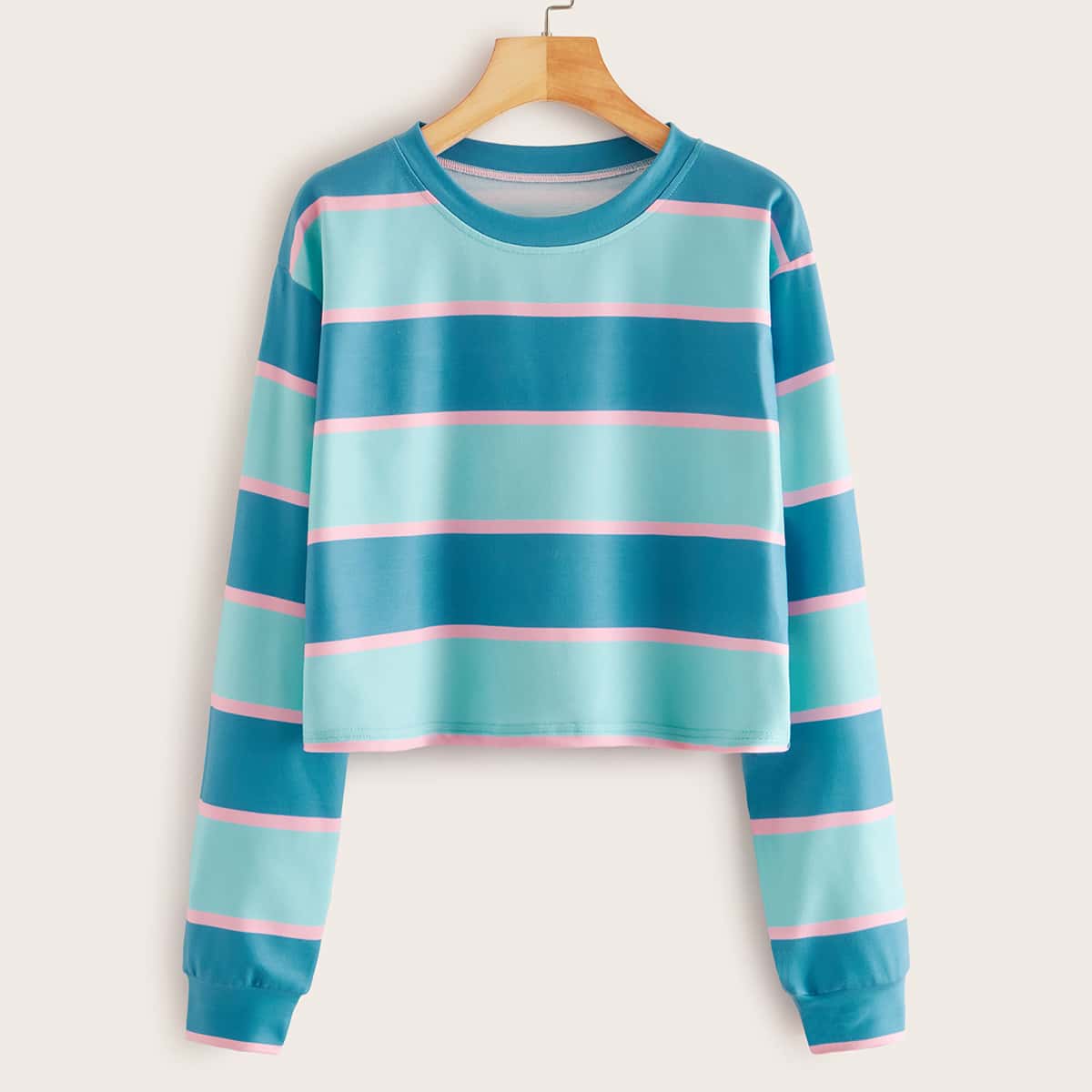 

Color-block Crew Neck Crop Sweatshirt, Blue