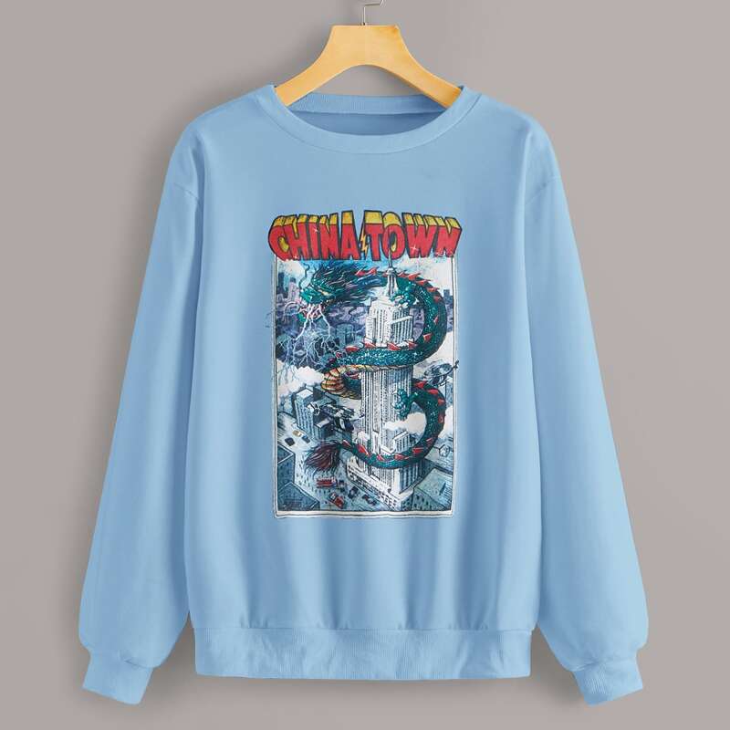 

Dragon & Letter Graphic Sweatshirt, Blue
