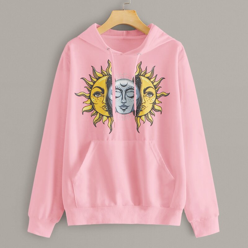 

Sun Print Kangaroo Pocket Drawstring Hoodie, Pink