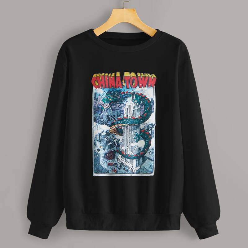 

Dragon & Letter Graphic Sweatshirt, Black