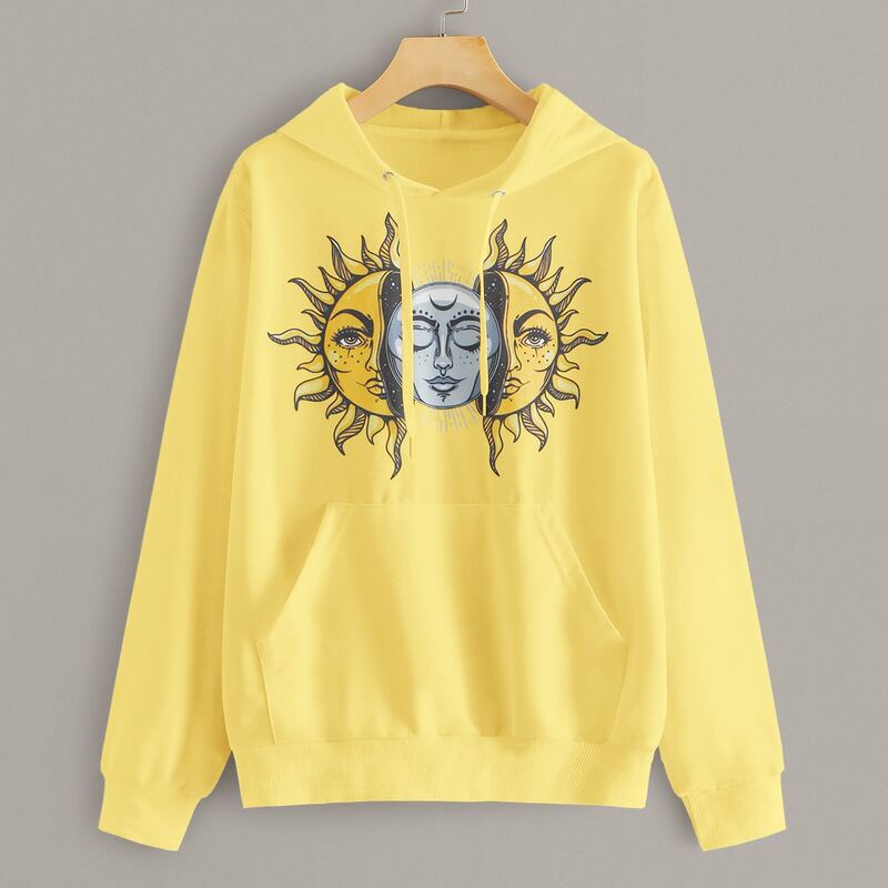 

Sun Print Kangaroo Pocket Drawstring Hoodie, Yellow