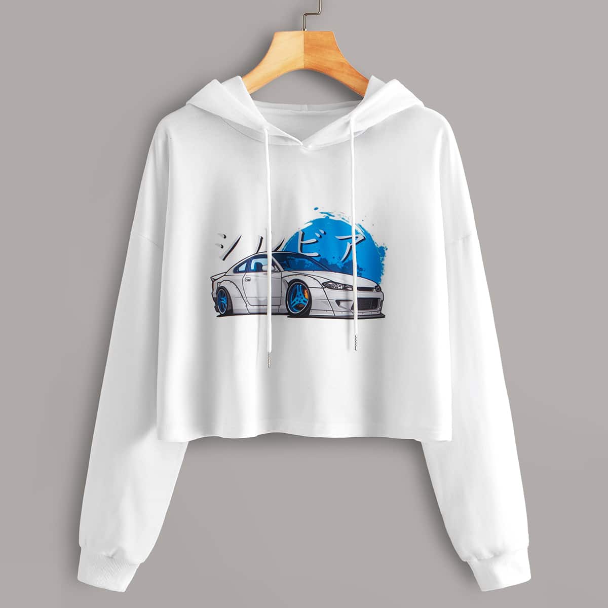 

Car Print Drawstring Crop Hoodie, White