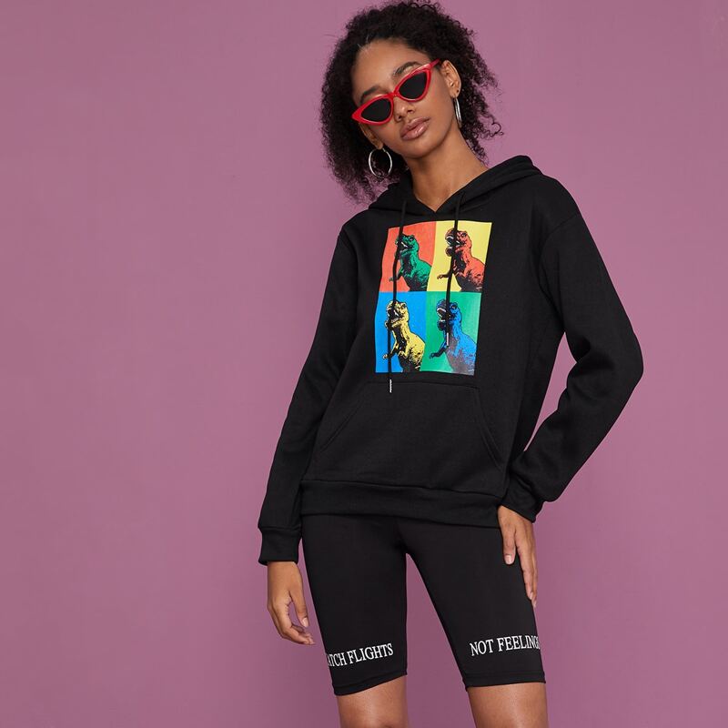 

Dinosaur Print Kangaroo Pocket Drawstring Hoodie, Black