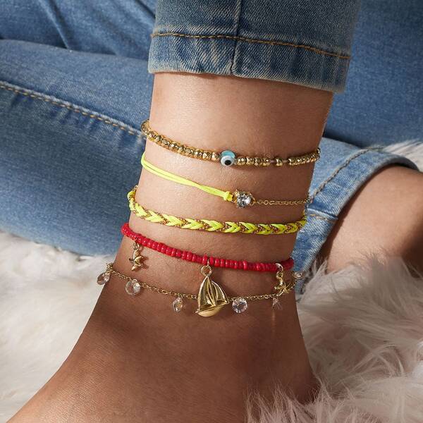 

5pcs Sailboat & Shell Charm Braided Anklet, Multicolor