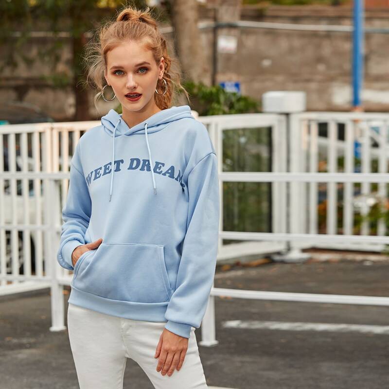 

Letter Graphic Kangaroo Pocket Blue Hoodie