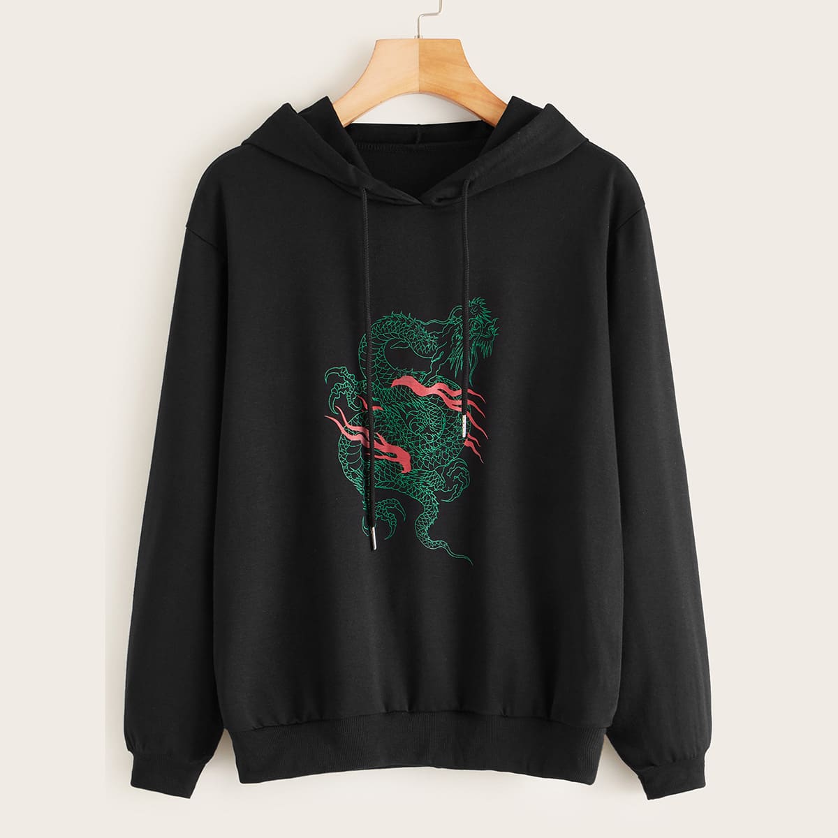 

Dragon Print Drawstring Hoodie, Black