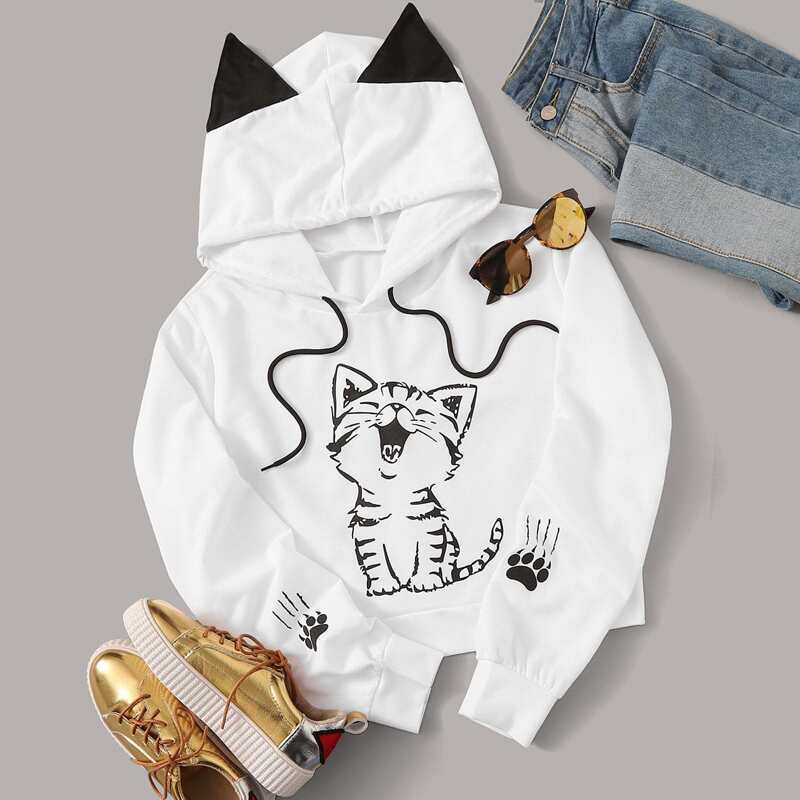 

Cartoon Graphic Cat Ear Panel Hoodie, White