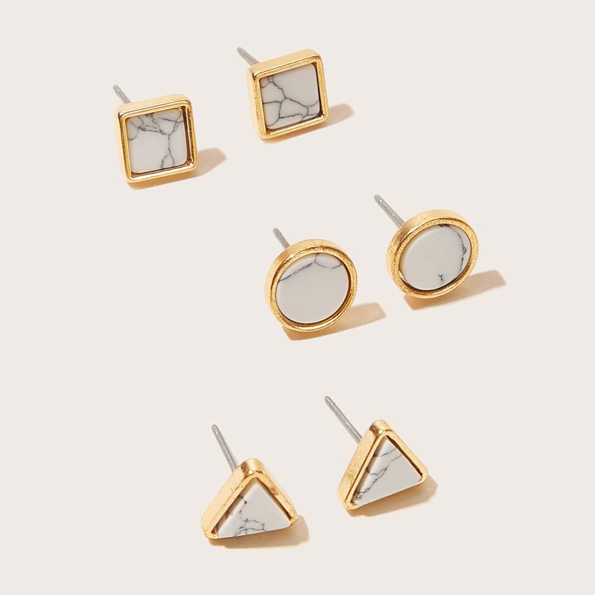 

3pairs Marble Pattern Stud Earrings, White