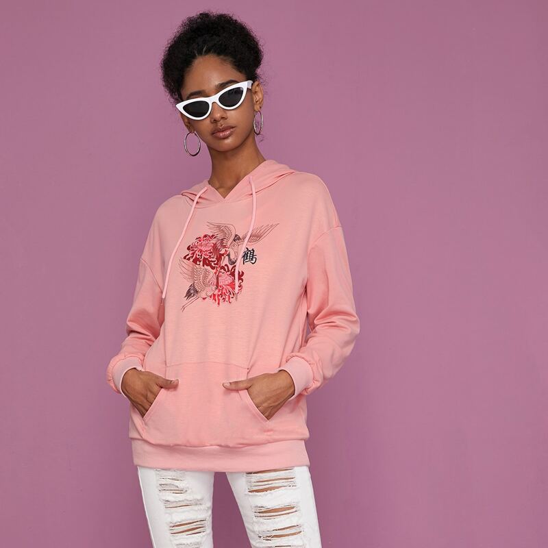 

Crane Print Kangaroo Pocket Drawstring Hoodie, Pink