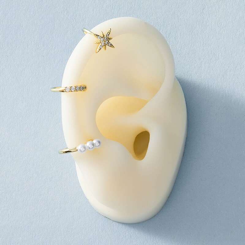 

3pcs Rhinestone & Faux Pearl Ear Cuff, Gold