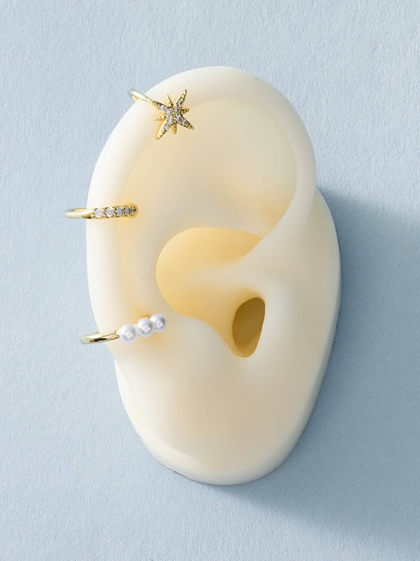 

3pcs Rhinestone & Faux Pearl Ear Cuff, Gold