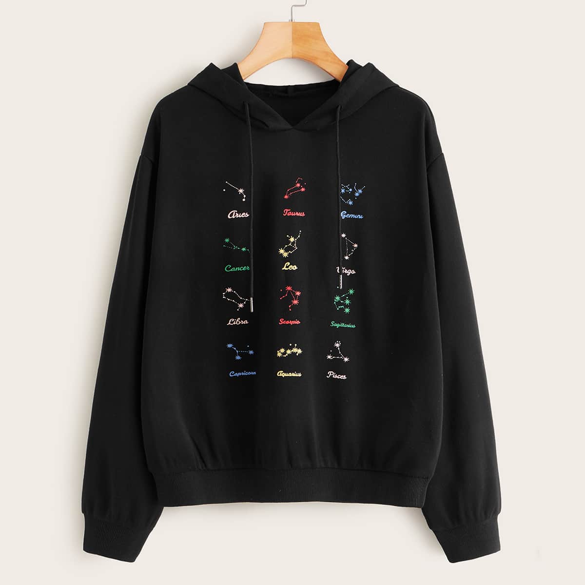 

Constellation & Letter Graphic Drawstring Hoodie, Black