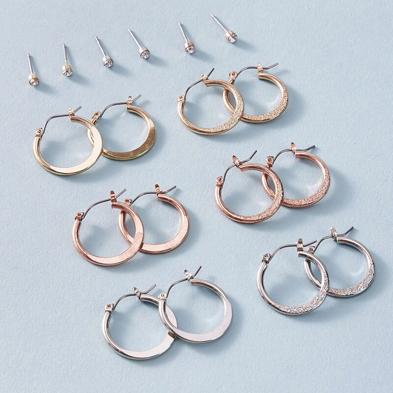 

9pcs Hammered Metal Hoop Earrings & Stud Earrings Set, Multicolor