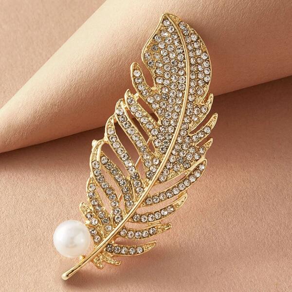 

1pc Rhinestone & Pearl Decor Leaf Shaped Brooch, Gold