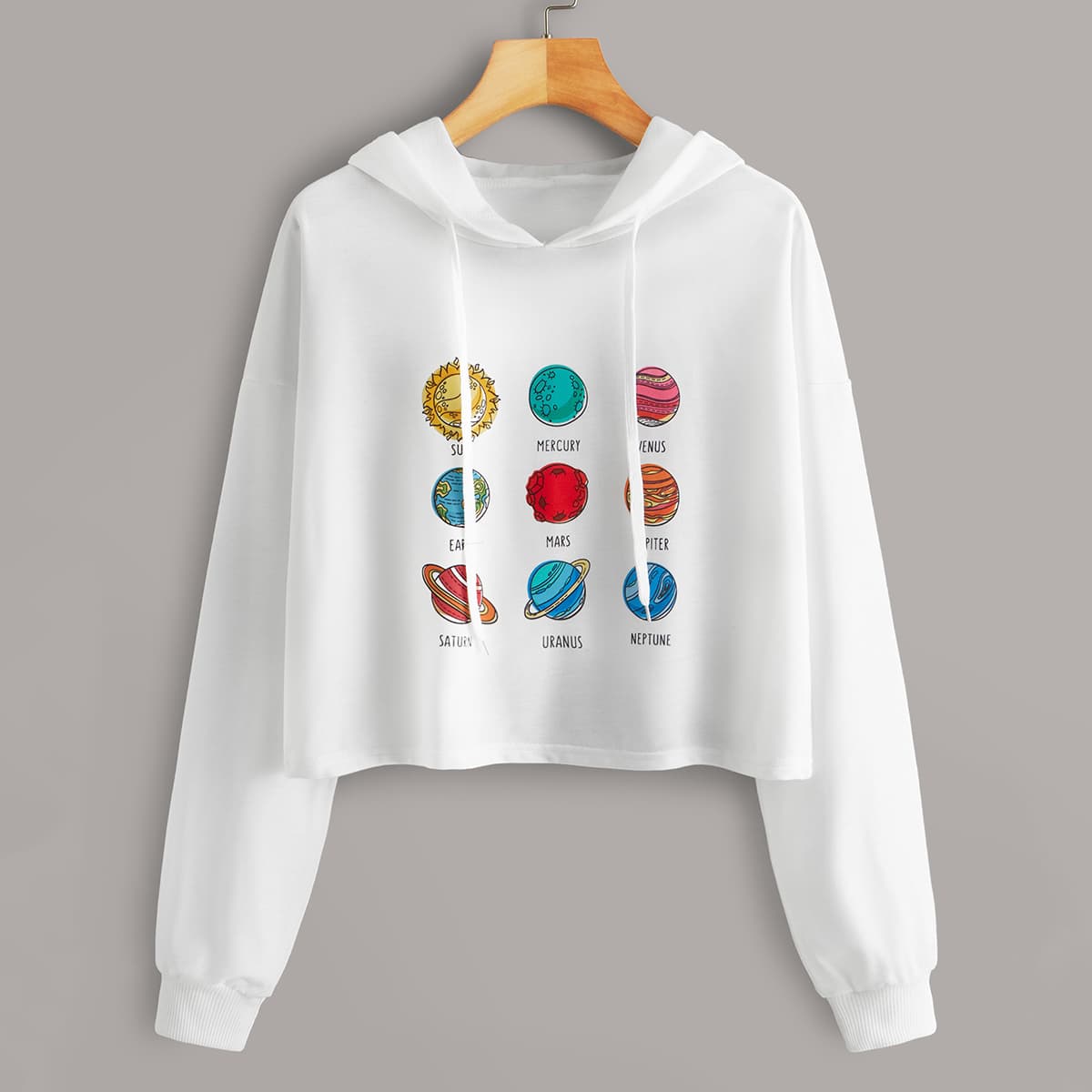 

Celestial Body & Letter Graphic Drawstring Hoodie, White