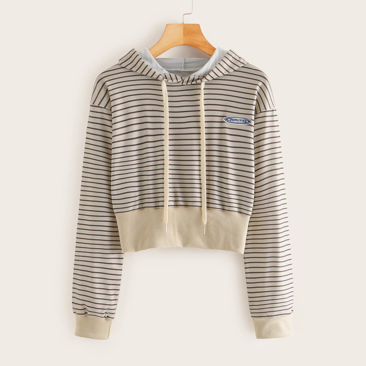 

Striped Patched Drawstring Crop Hoodie, Multicolor