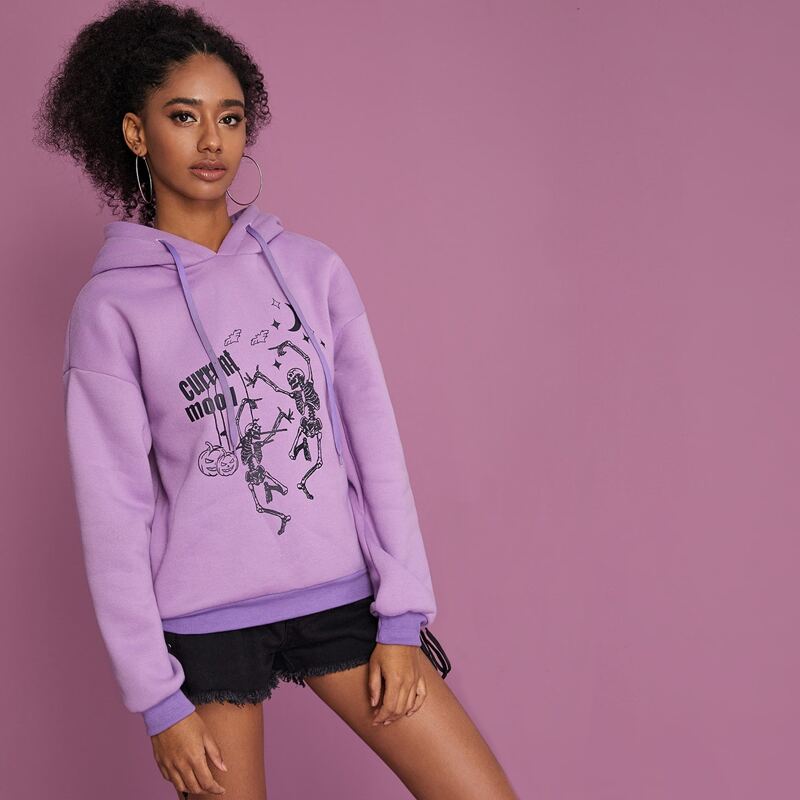 

Halloween & Letter Graphic Drawstring Hoodie, Purple