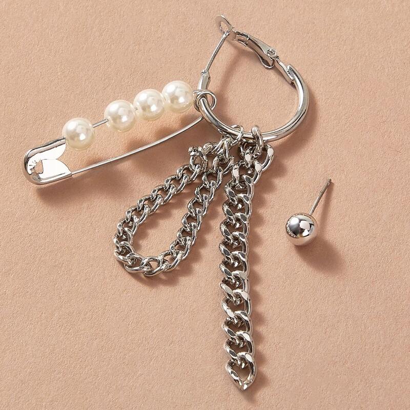 

1pc Faux Pearl Decor Chain Earring & 1pc Beaded Stud Earring, Silver