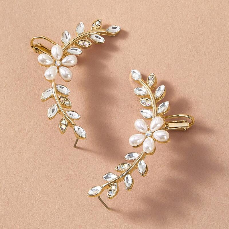 

1pair Faux Pearl & Rhinestone Leaf Shape Earrings, White