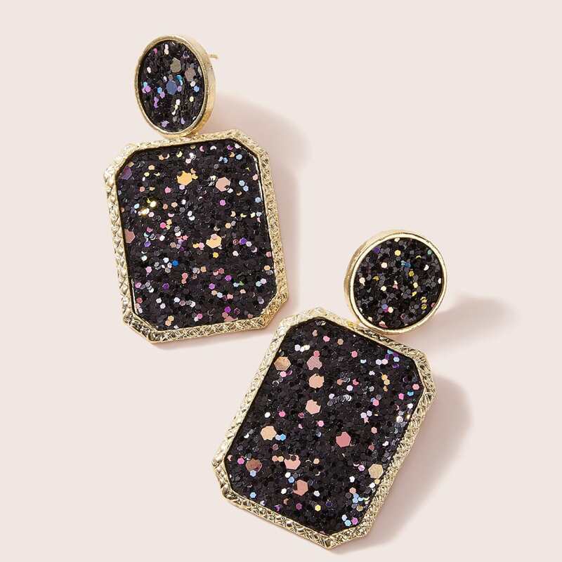 

1pair Glitter Geometric Drop Earrings, Black