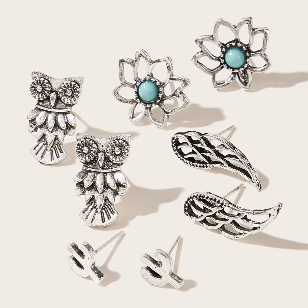 

4pairs Wings & Flower Stud Earrings, Silver