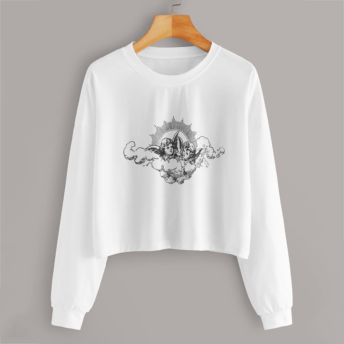 

Angel Print Crew Neck Crop Tee, White
