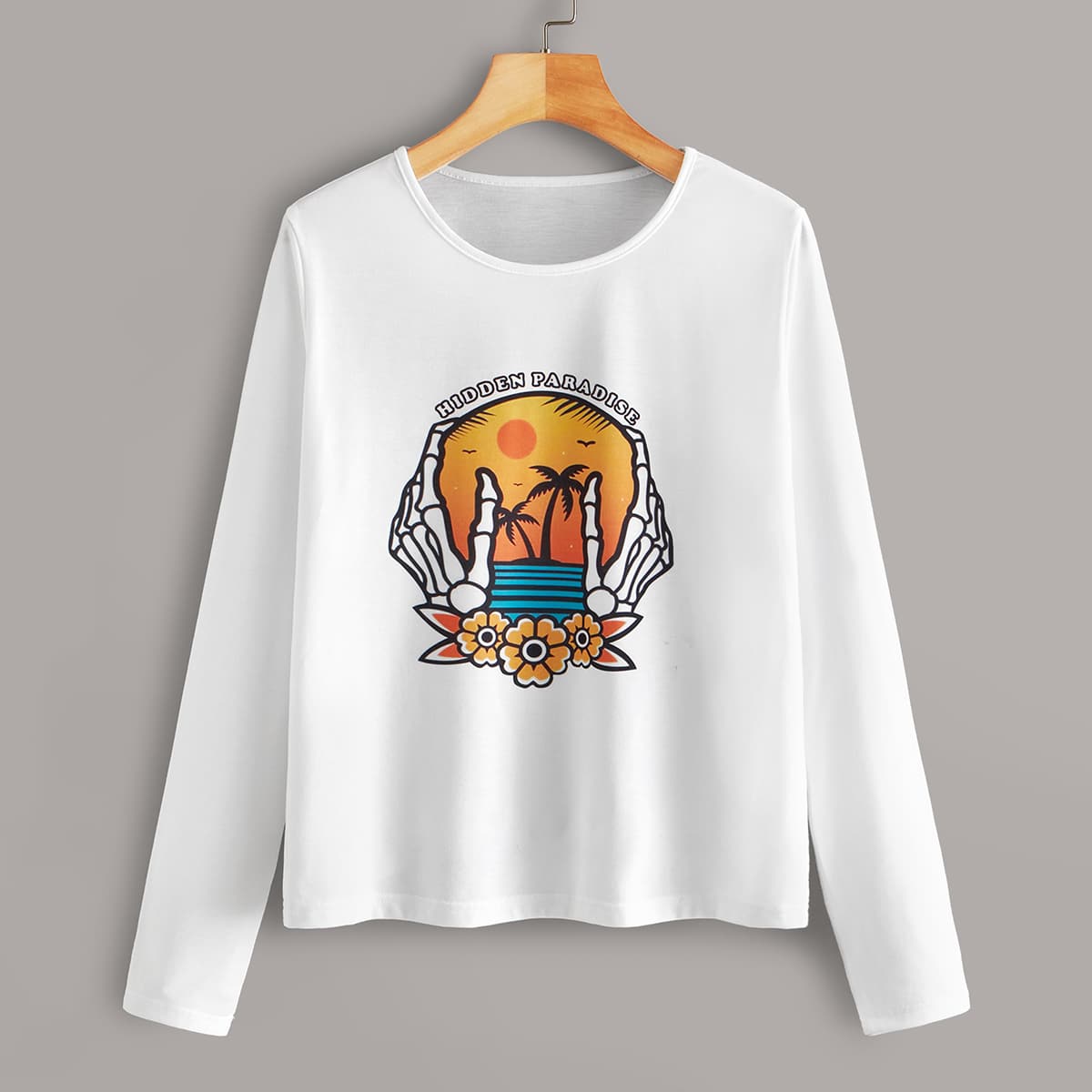 

Halloween Skull Print Crew Neck Tee, White