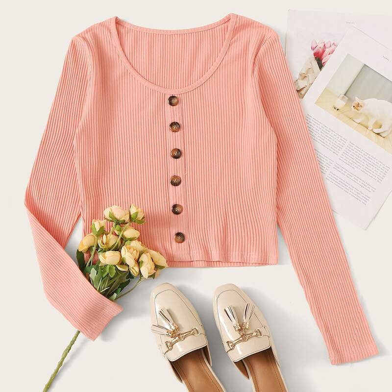 

Button Front Solid Ribbed Tee, Pink