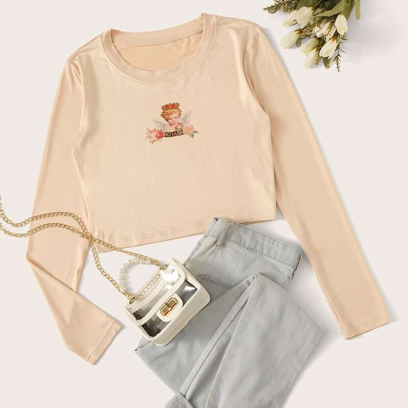 

Angel Print Long Sleeve Crop Top, Apricot