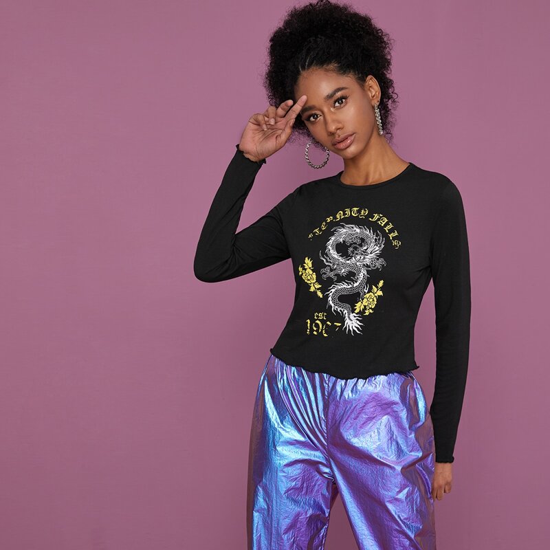 

Dragon & Letter Graphic Long Sleeve Tee, Black