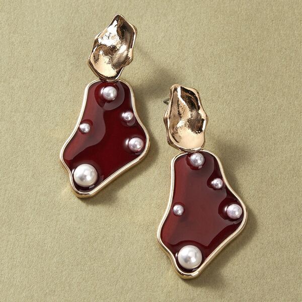 

1pair Hammered Metal Faux Pearl Drop Earrings, Multicolor