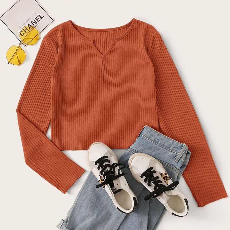 

Notch Neck Ribbed Solid Tee, Orange