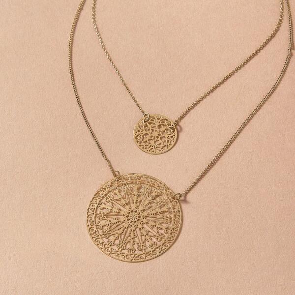 

1pc Laser Cut Flower Layered Chain Necklace, Gold