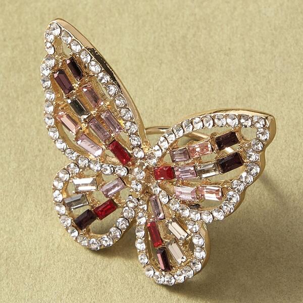 

1pc Rhinestone & Crystal Butterfly Shape Ring, Multicolor
