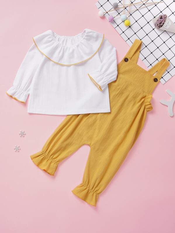 

Baby Girl Contrast Binding Ruffle Blouse With Overalls, Multicolor