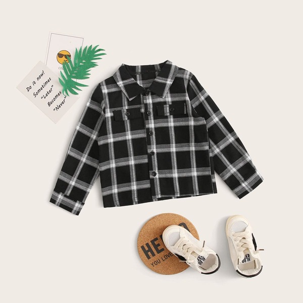 

Toddler Boys Flap Pockets Plaid Shirt, Black