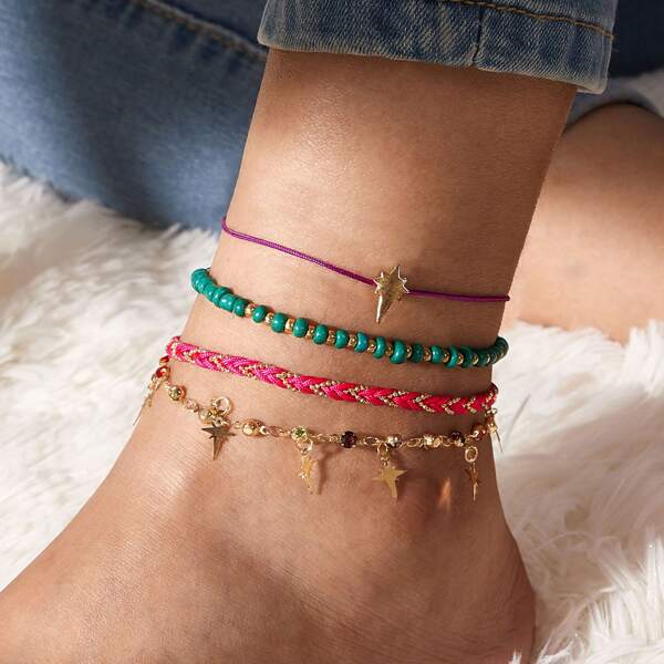 

4pcs Star Charm Braided Anklet, Multicolor