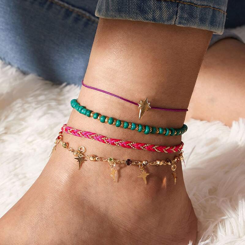 

4pcs Star Charm Braided Anklet, Multicolor