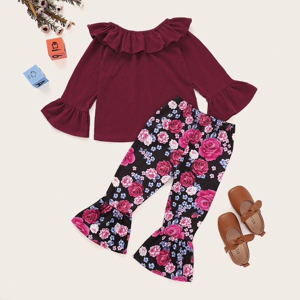 

Toddler Girls Ruffle Trim Top With Floral Flare Pants, Multicolor