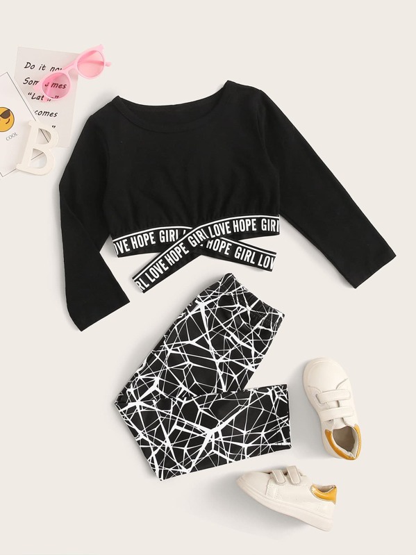 

Toddler Girls Letter Tape Crop Tee With Leggings, Black
