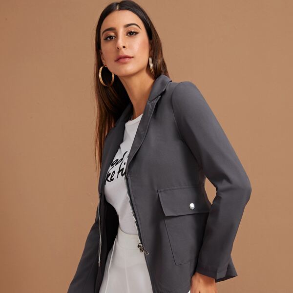 

Flap Pockets Zipper Placket Blazer, Grey