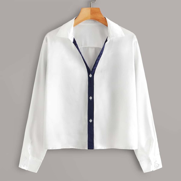 

Contrast Panel Button Through Blouse, White