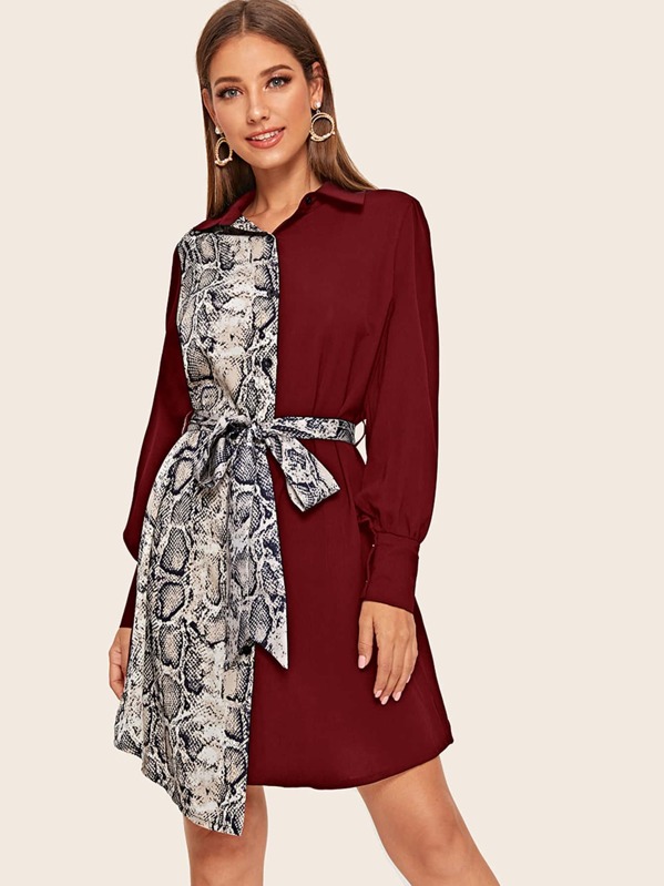 

Two Tone Snakeskin Print Self Tie Shirt Dress, Burgundy, Debi Cruz