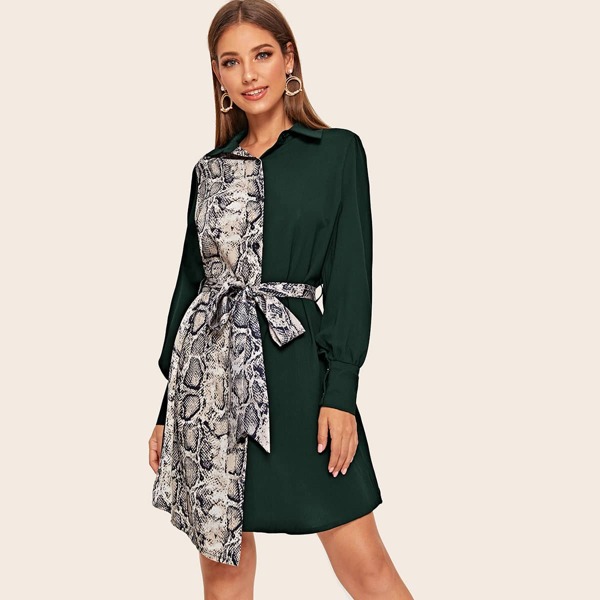 

Two Tone Snakeskin Print Self Tie Shirt Dress, Green