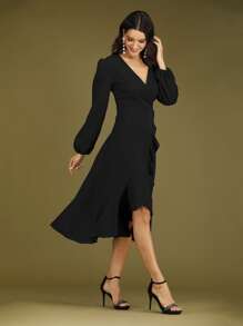Surplice Neck Ruffle Wrap A-line Dress