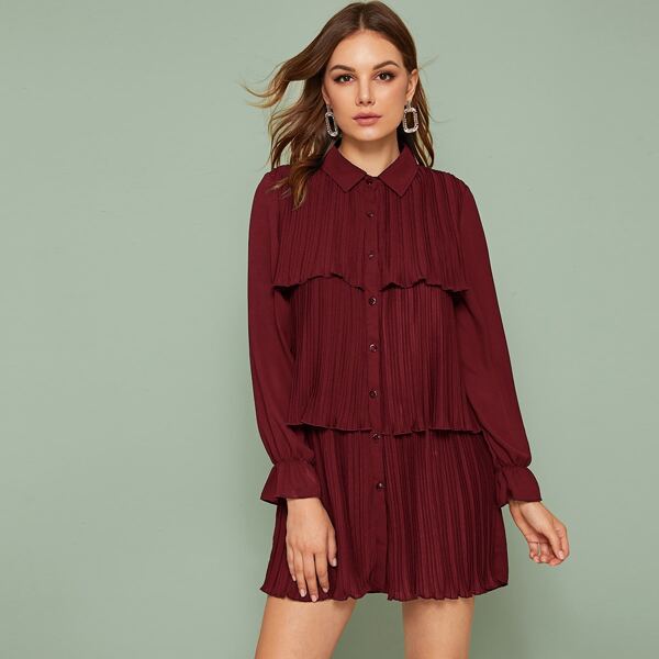 

Pleated Tiered Layer Shirt Chiffon Dress, Burgundy