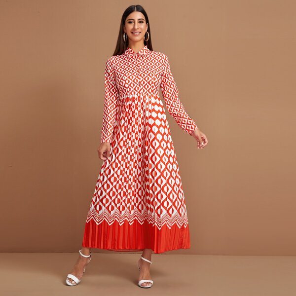 

Geo Pattern Pleated Hem Maxi Shirt Dress, Red