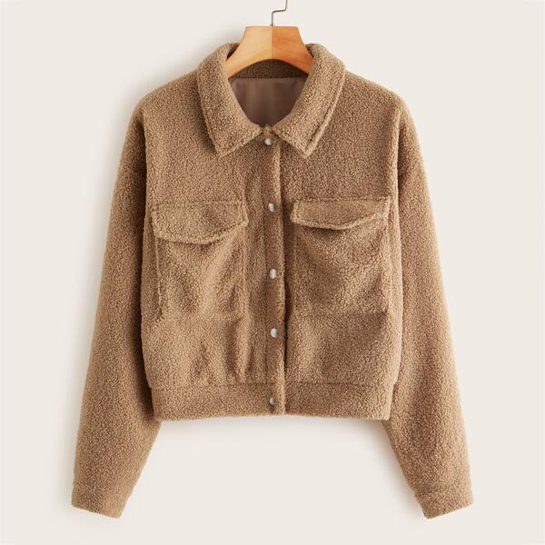

Flap Pocket Button Through Teddy Jacket, Khaki